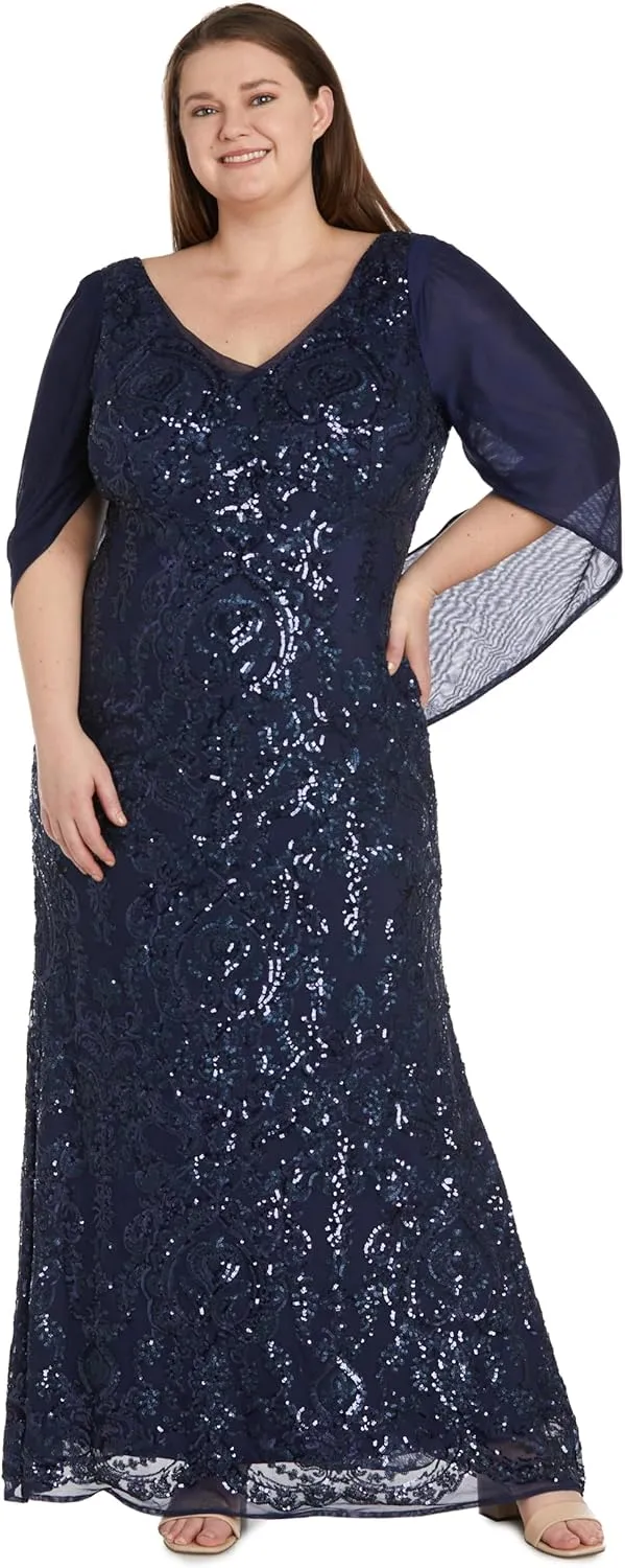 R&M Richards Elegant Beaded Long Gown W/Draped Sleeves & V-Neckline
