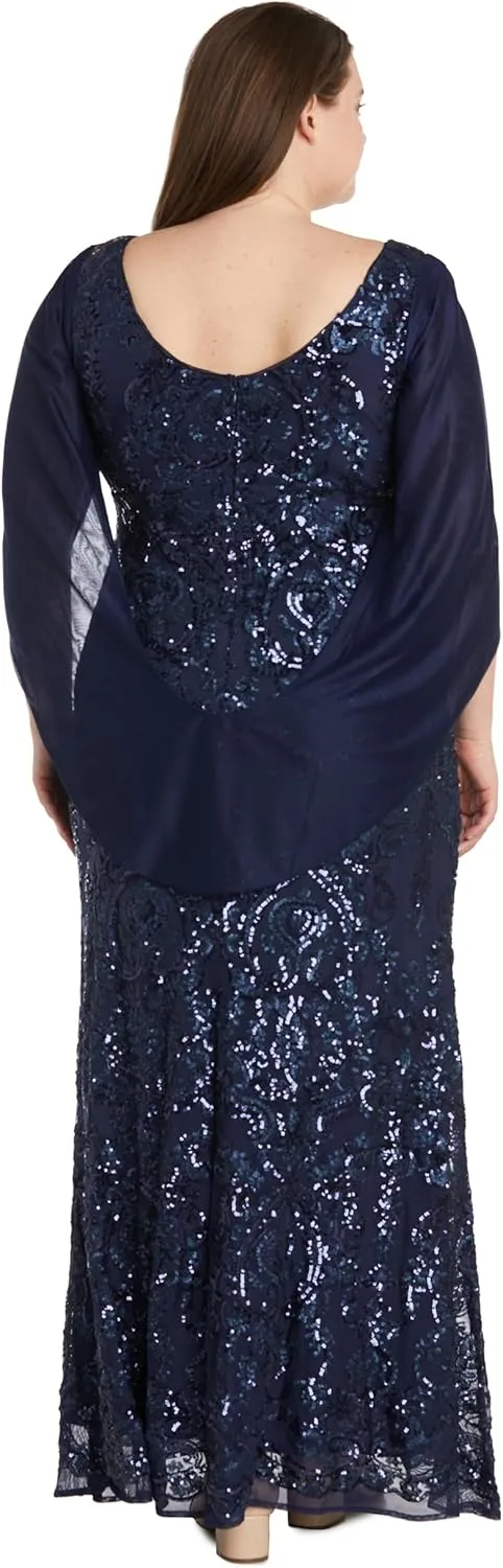 R&M Richards Elegant Beaded Long Gown W/Draped Sleeves & V-Neckline