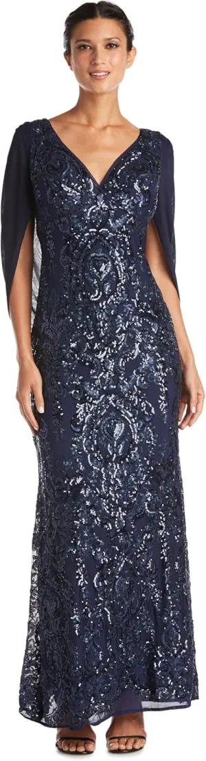 R&M Richards Elegant Beaded Long Gown W/Draped Sleeves & V-Neckline