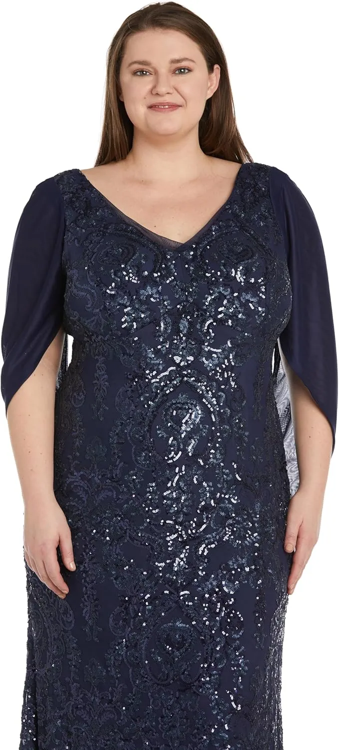 R&M Richards Elegant Beaded Long Gown W/Draped Sleeves & V-Neckline