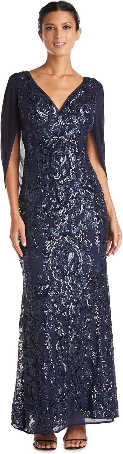 R&M Richards Elegant Beaded Long Gown W/Draped Sleeves & V-Neckline