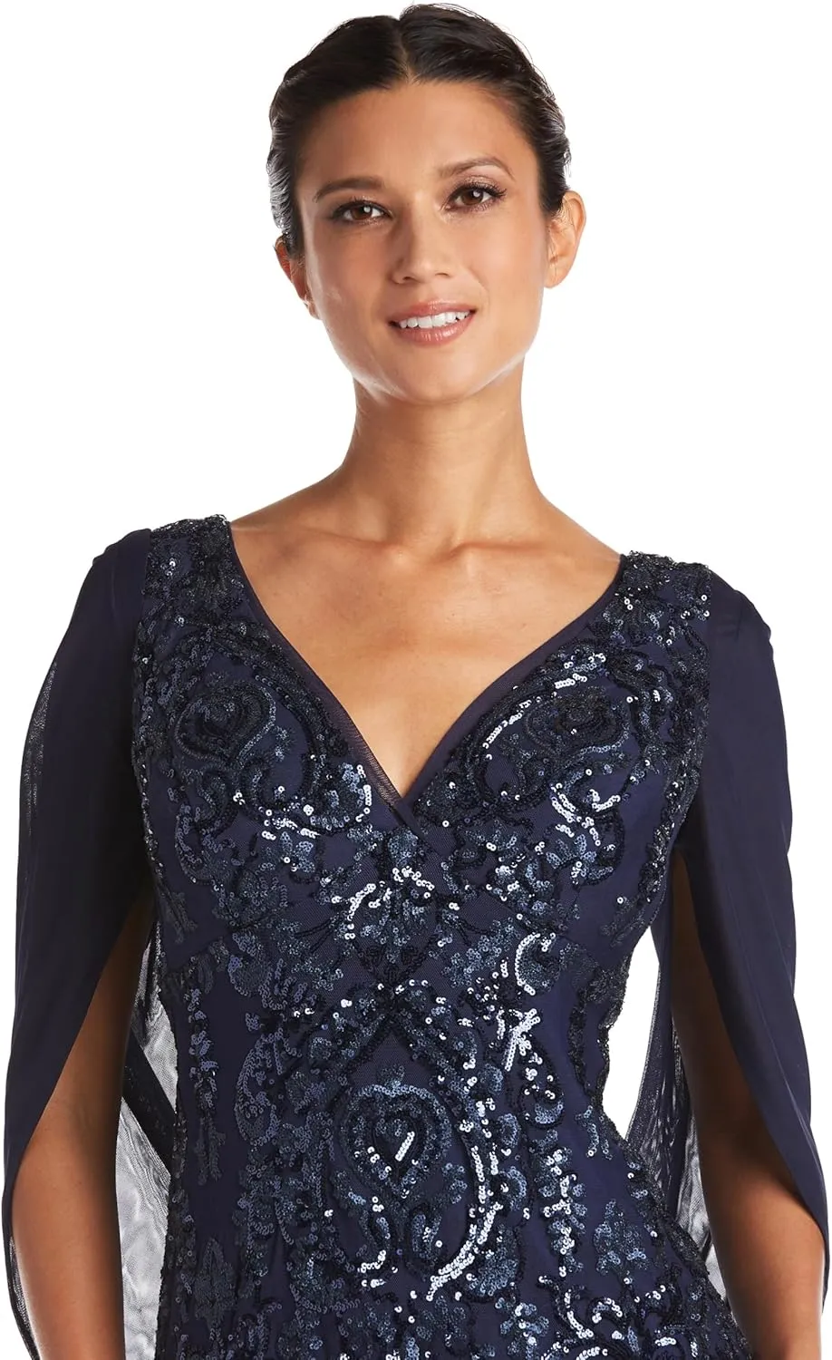 R&M Richards Elegant Beaded Long Gown W/Draped Sleeves & V-Neckline