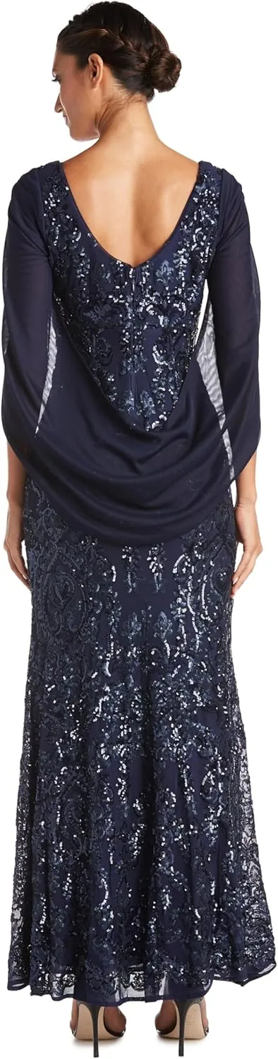 R&M Richards Elegant Beaded Long Gown W/Draped Sleeves & V-Neckline