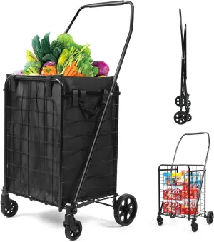 Realife Foldable Shopping Cart with Liner, Portable Utility Cart with Wheels for Grocery and Heavy Duty, 120lbs, Black
