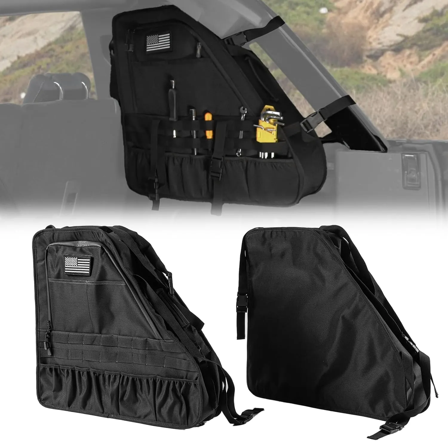 Rear Trunk Cage Cargo Roll Bar Storage Bag,Roll Bar Cargo Organizers Saddle Bags,Compatible with Ford Bronco 2Doors 4Doors 2021 2022 2023,Hanged Up Multi-Pocket Storage Bags,Dark Black,2PCS