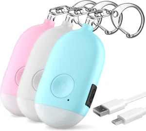 Rechargeable Personal Keychain Alarm – 3 Pack 130 dB Loud Self Defense Emergency Siren Song with LED Flashlight – SOS Safety Protection Alert Device Key Chain for Women by WETEN (Pink&Blue&White)