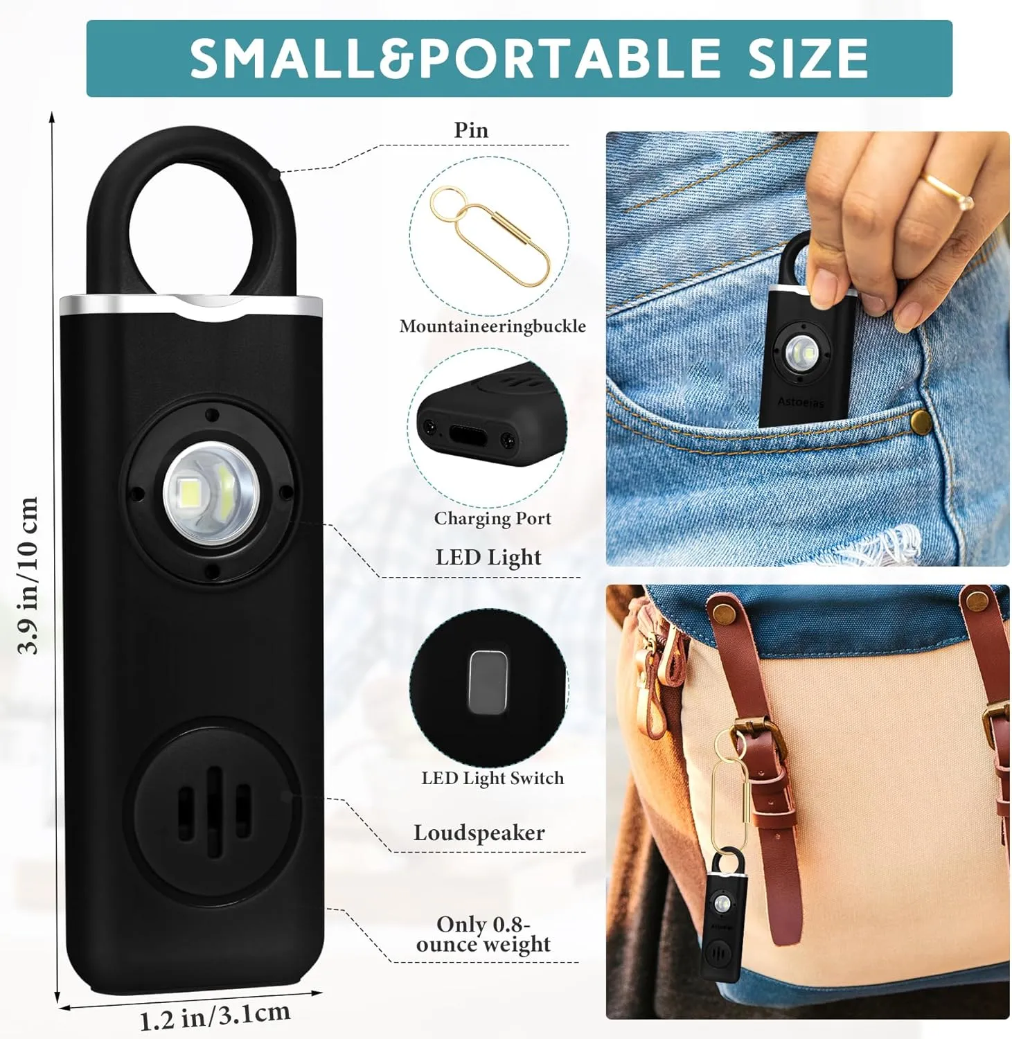 Rechargeable Personal Safety Alarm for Women，Extra Large Strobe LED Light Personal and 130dB Siren，Personal Emergency Security Safe Devices Key Chain Alarms for Women Kids Elderly (Black)