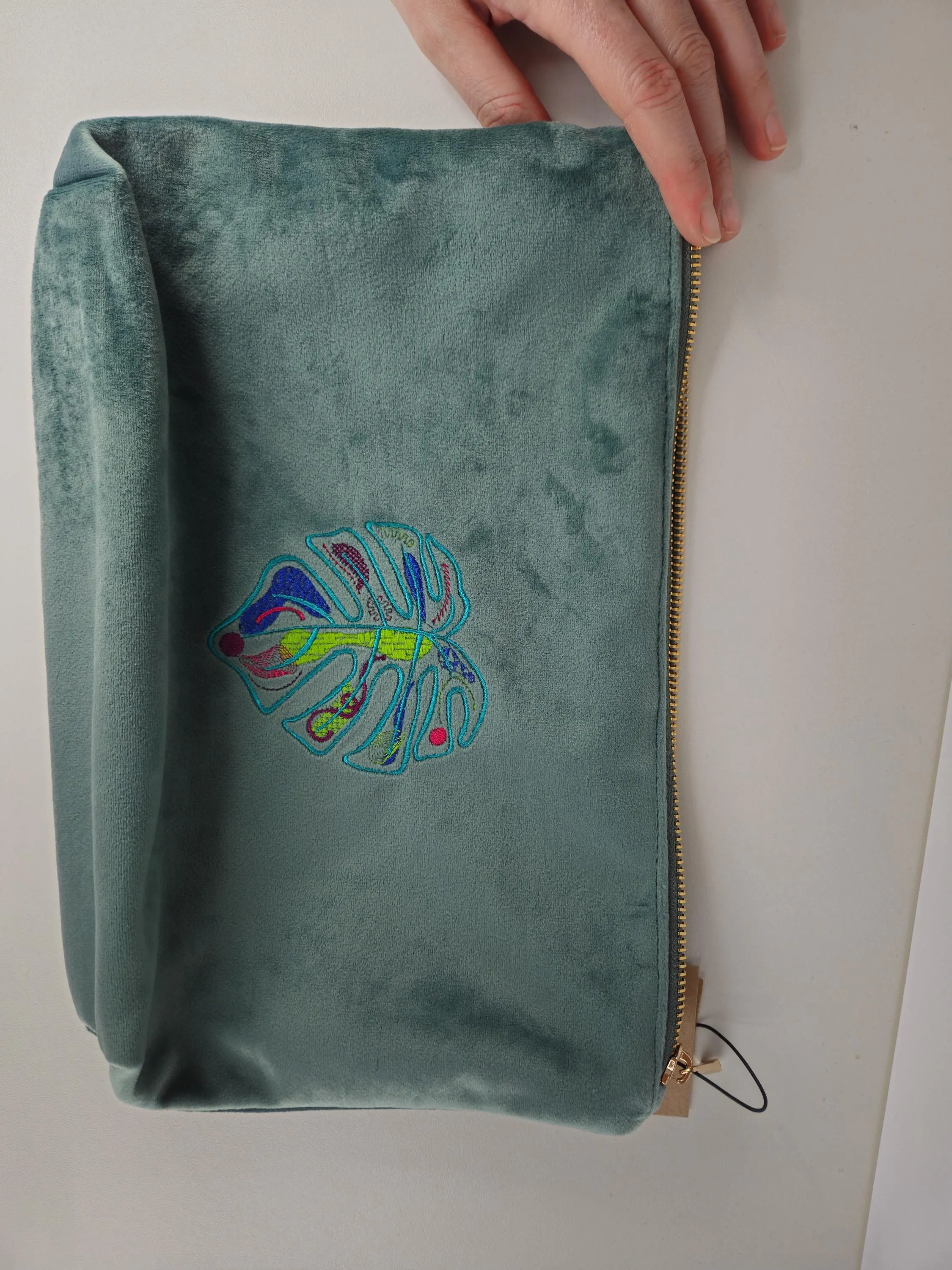 Recycled Velvet Pouch with Monstera Leaf Embroidery | Sustainable Makeup or Travel Pouch | Luxurious Sage Green Colour