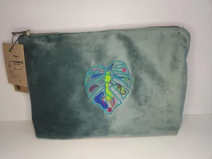 Recycled Velvet Pouch with Monstera Leaf Embroidery | Sustainable Makeup or Travel Pouch | Luxurious Sage Green Colour