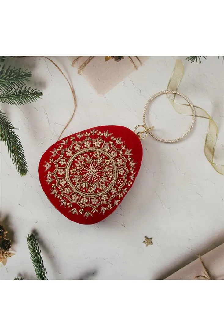 Red Color Charismatic Hand Work Velvet Clutch