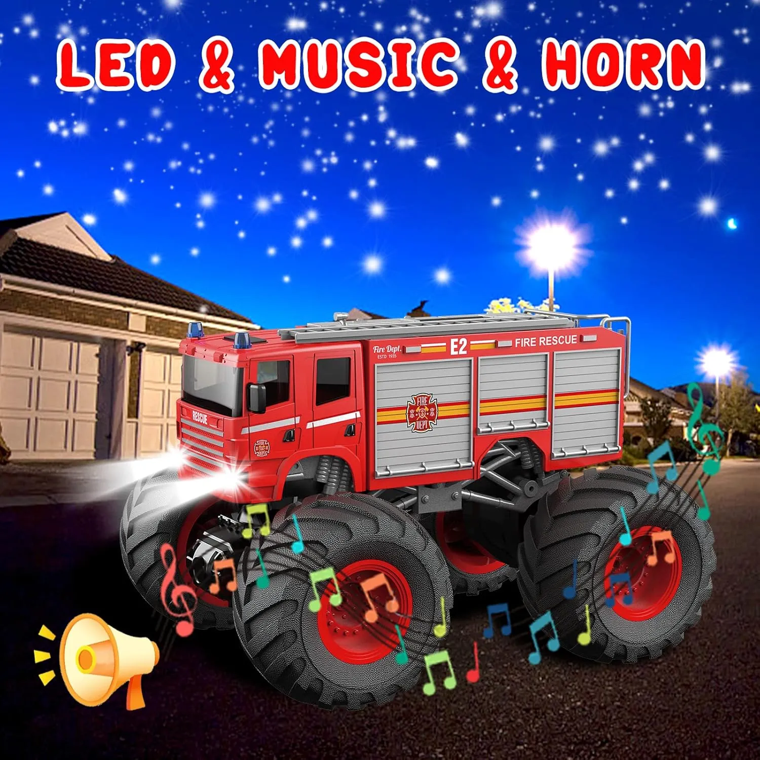 Remote Control Car, RC Fire Truck for Kids, RC Monster Truck Toy 2.4GHz 1:18 Scale Model Vehicle with LED Lights Sounds Racing Sport Toy Car for Adults Boys Girls Kids Gift 2Pcs Batteries