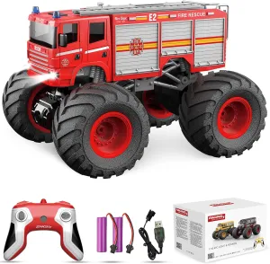 Remote Control Car, RC Fire Truck for Kids, RC Monster Truck Toy 2.4GHz 1:18 Scale Model Vehicle with LED Lights Sounds Racing Sport Toy Car for Adults Boys Girls Kids Gift 2Pcs Batteries