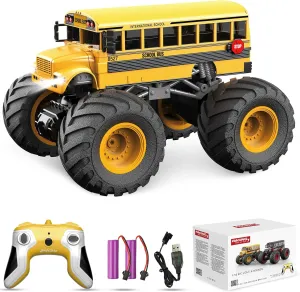 Remote Control Car, RC School Bus for Kids, RC Monster Truck Toy 2.4GHz 1:18 Scale Model Vehicle with LED Lights Sounds Racing Sport Toy Car for Adults Boys Girls Kids Gift 2Pcs Batteries
