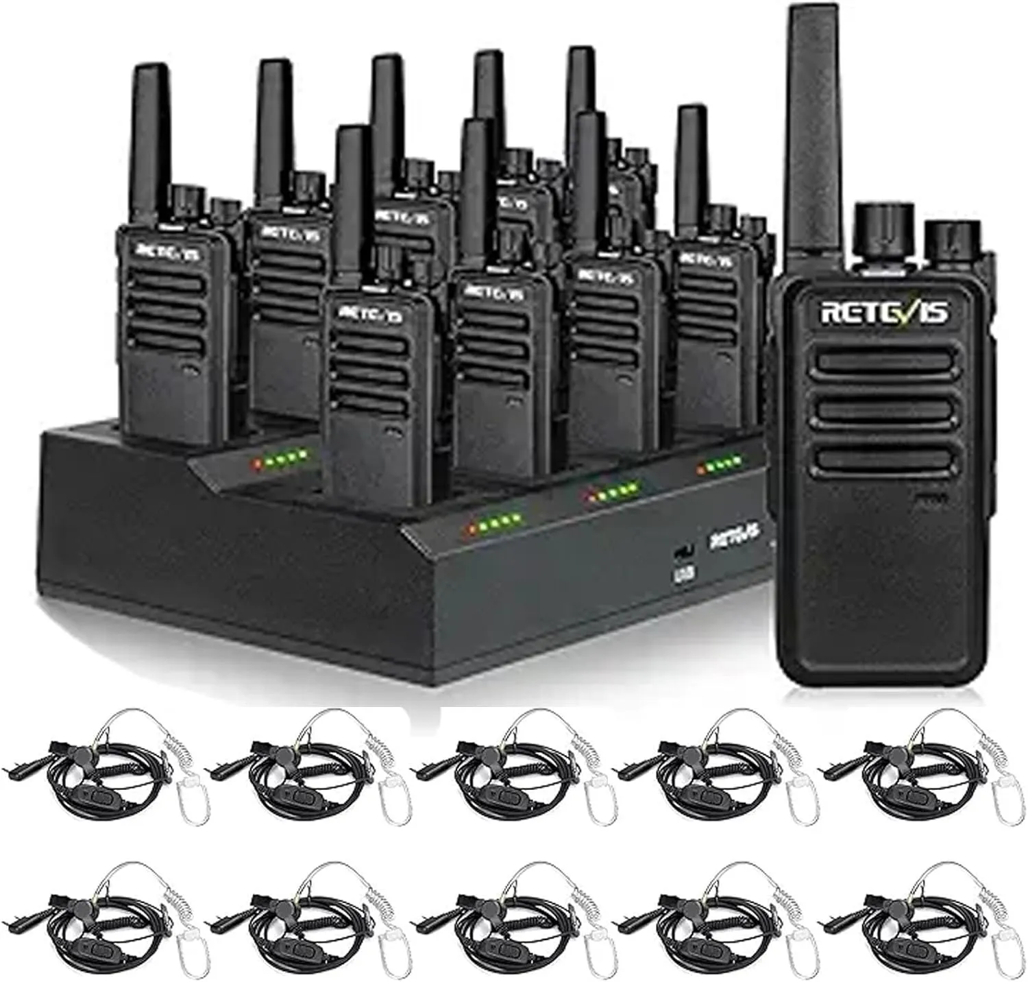 Retevis RT68 2 Way Radio(10 Pack) with Walkie Talkie Earpiece(10 Pack), Long Range Walkie Talkies with 10 Multi Way Charger, Easier Securer Charging, 1200mAh, Compact Handheld Two Way Radios