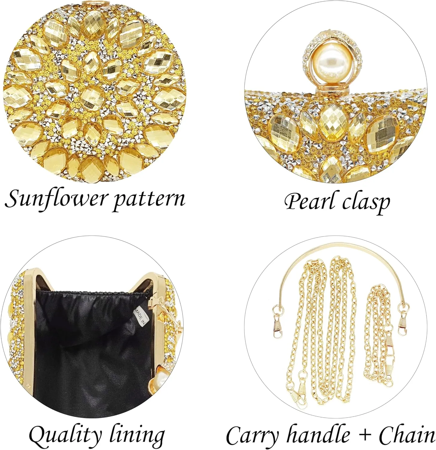 Rhinestone Clutch Purses for Women Evening Wedding Formal - Round Pearl Clasp Handbag - Crystal Diamond Bag