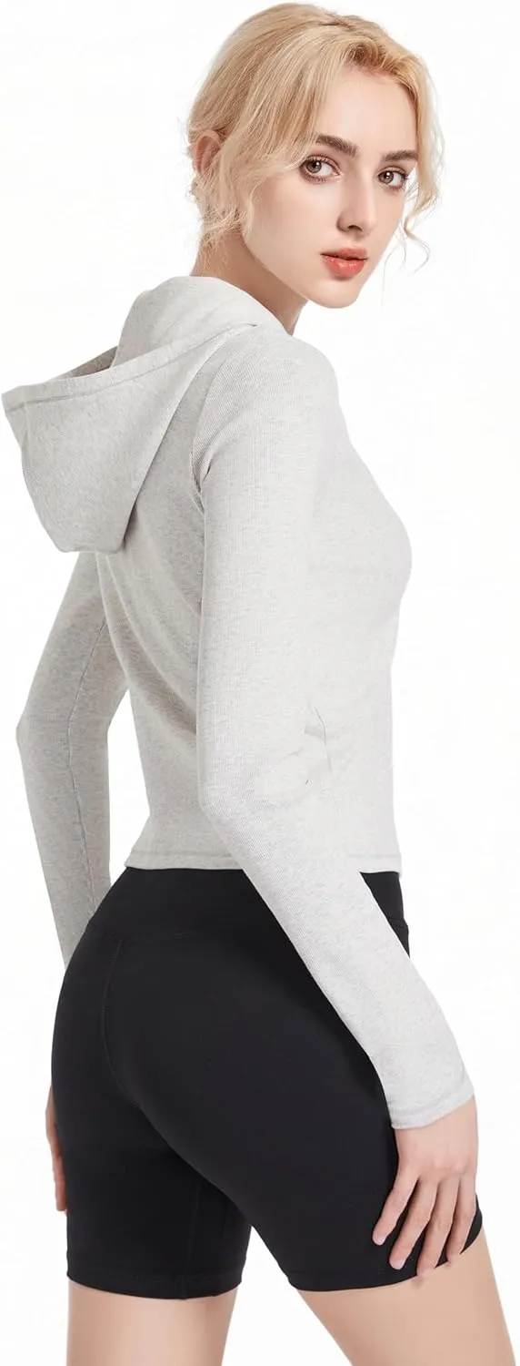 Ribbed Hoodies for Women Lightweight Full Zip Up Jackets Long Sleeves Tops Fitted Cropped Sweatshirt