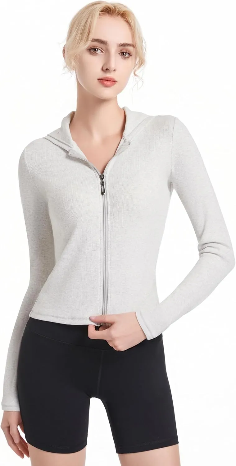 Ribbed Hoodies for Women Lightweight Full Zip Up Jackets Long Sleeves Tops Fitted Cropped Sweatshirt