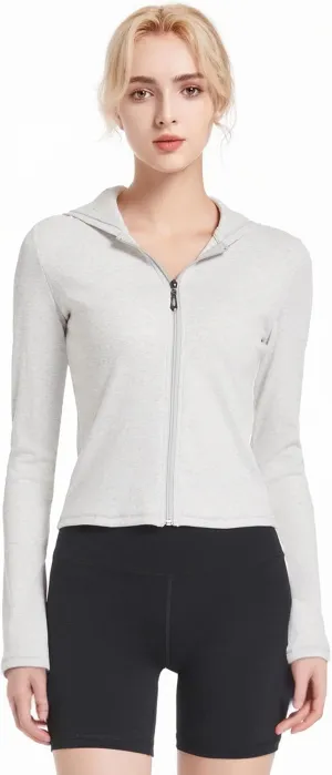 Ribbed Hoodies for Women Lightweight Full Zip Up Jackets Long Sleeves Tops Fitted Cropped Sweatshirt