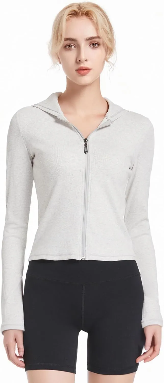 Ribbed Hoodies for Women Lightweight Full Zip Up Jackets Long Sleeves Tops Fitted Cropped Sweatshirt