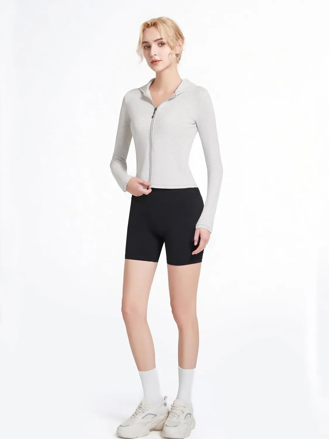 Ribbed Hoodies for Women Lightweight Full Zip Up Jackets Long Sleeves Tops Fitted Cropped Sweatshirt