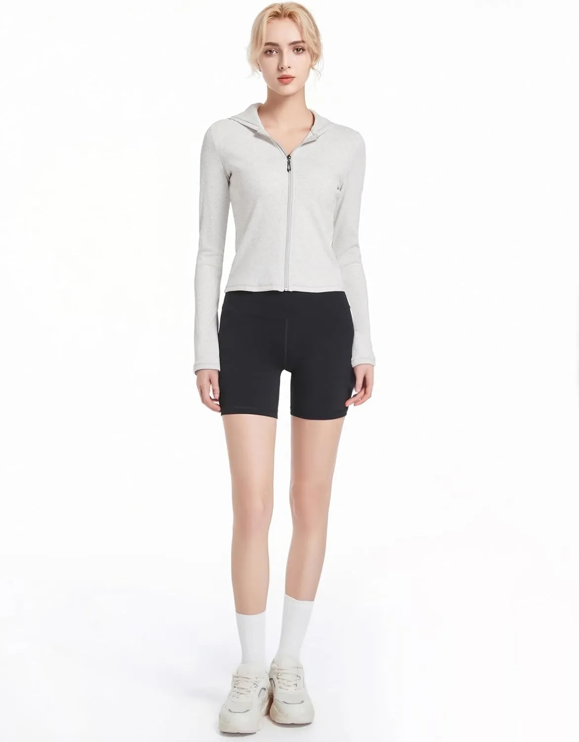 Ribbed Hoodies for Women Lightweight Full Zip Up Jackets Long Sleeves Tops Fitted Cropped Sweatshirt