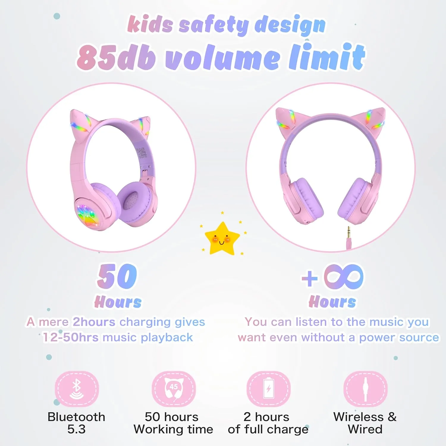 Riwbox CF9 Cat Ear Kids Bluetooth Headphones with LED Light Up,Safe 85dB Volume Limit,Built-in Mic&Boom Mic for Calls,Kids Wireless&Wired Headphones for Tablet/Airplane/School/Online Learning (Purple)