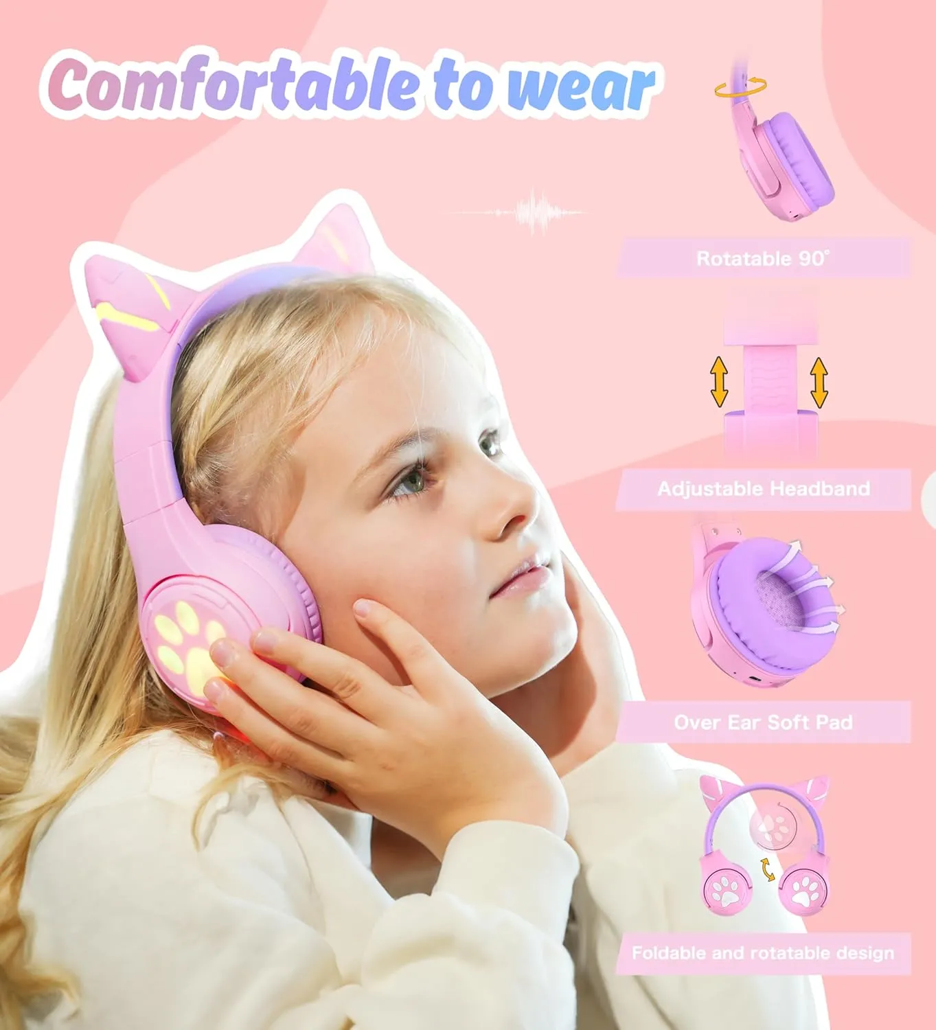 Riwbox CF9 Cat Ear Kids Bluetooth Headphones with LED Light Up,Safe 85dB Volume Limit,Built-in Mic&Boom Mic for Calls,Kids Wireless&Wired Headphones for Tablet/Airplane/School/Online Learning (Purple)