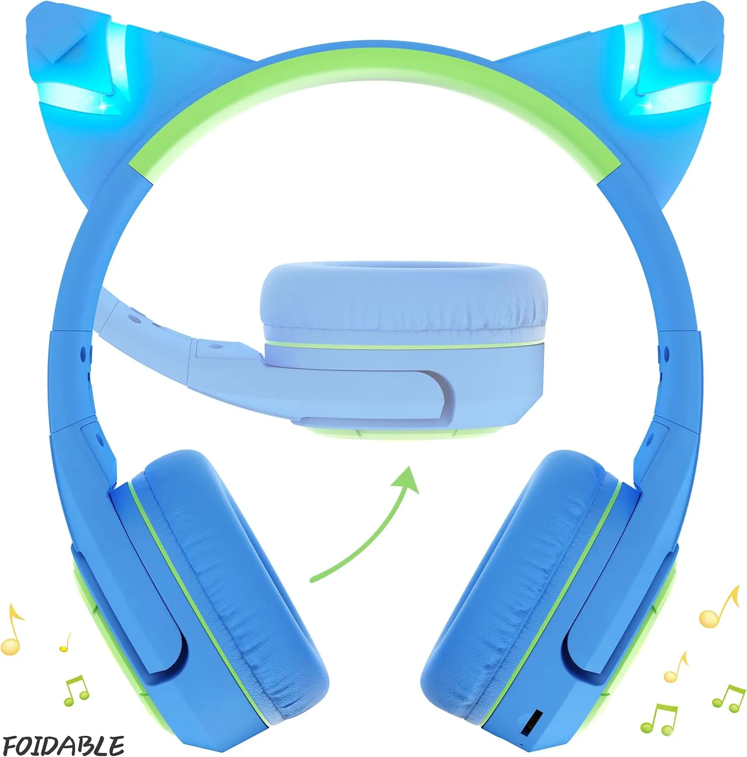 Riwbox CF9 Kids Bluetooth Headphones Cat Ear with LED Light Up,Safe 85dB Volume Limit,Built-in Mic&Boom Mic for Calls,Kids Wireless&Wired Headphones for Tablet/Airplane/School/Online Learning