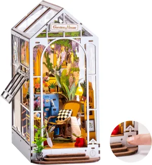 ROBOTIME Book Nook Kit - DIY Miniature House Kit, 3D Wooden Puzzle Booknook, Bookend Bookshelf Insert Decor with LED Light, DollhouseTiny House Hobby Diorama Kit Unique Gifts (Garden House)