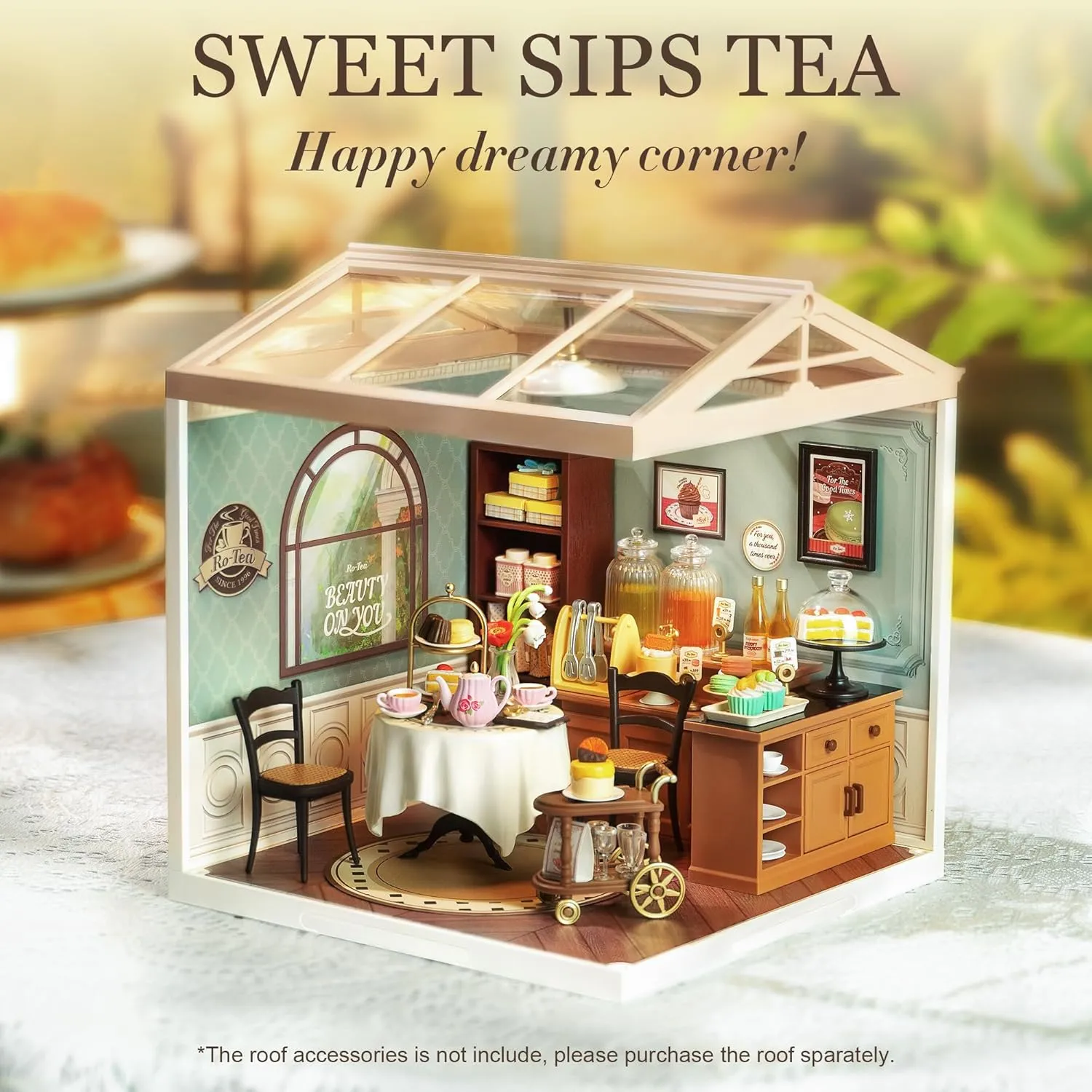 ROBOTIME Miniature House Kit DIY Plastic House Building Toy Set with LED Tiny Store Making Kit Model Craft Hobby Unique Gift (Sweet Sips Tea)