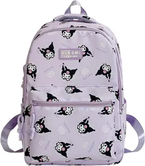 Roffatide Cartoon Kuromi All Over Print Casual Backpack Laptop Backpack Travel Hiking Rucksack Daypack Purple