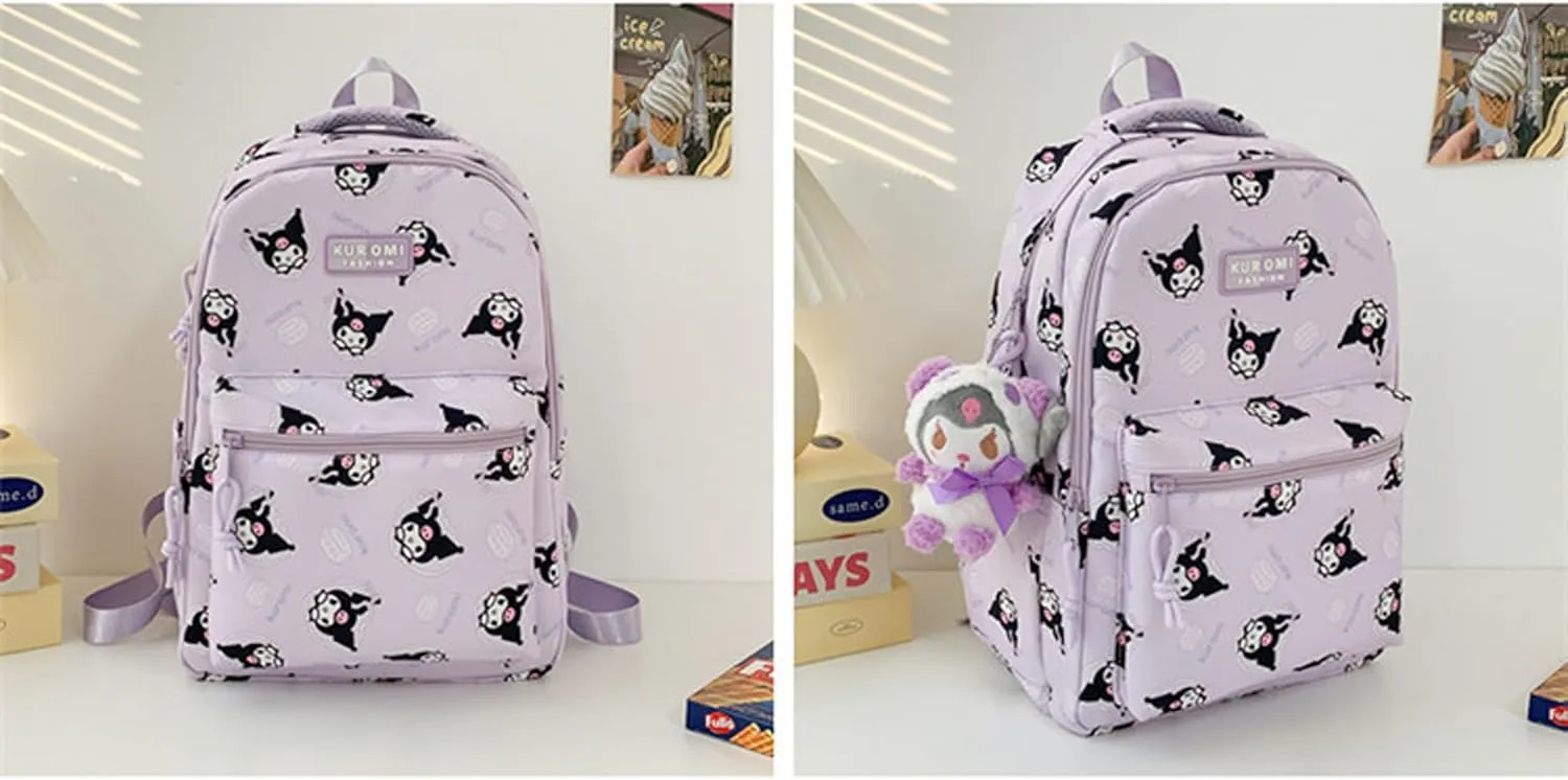 Roffatide Cartoon Kuromi All Over Print Casual Backpack Laptop Backpack Travel Hiking Rucksack Daypack Purple