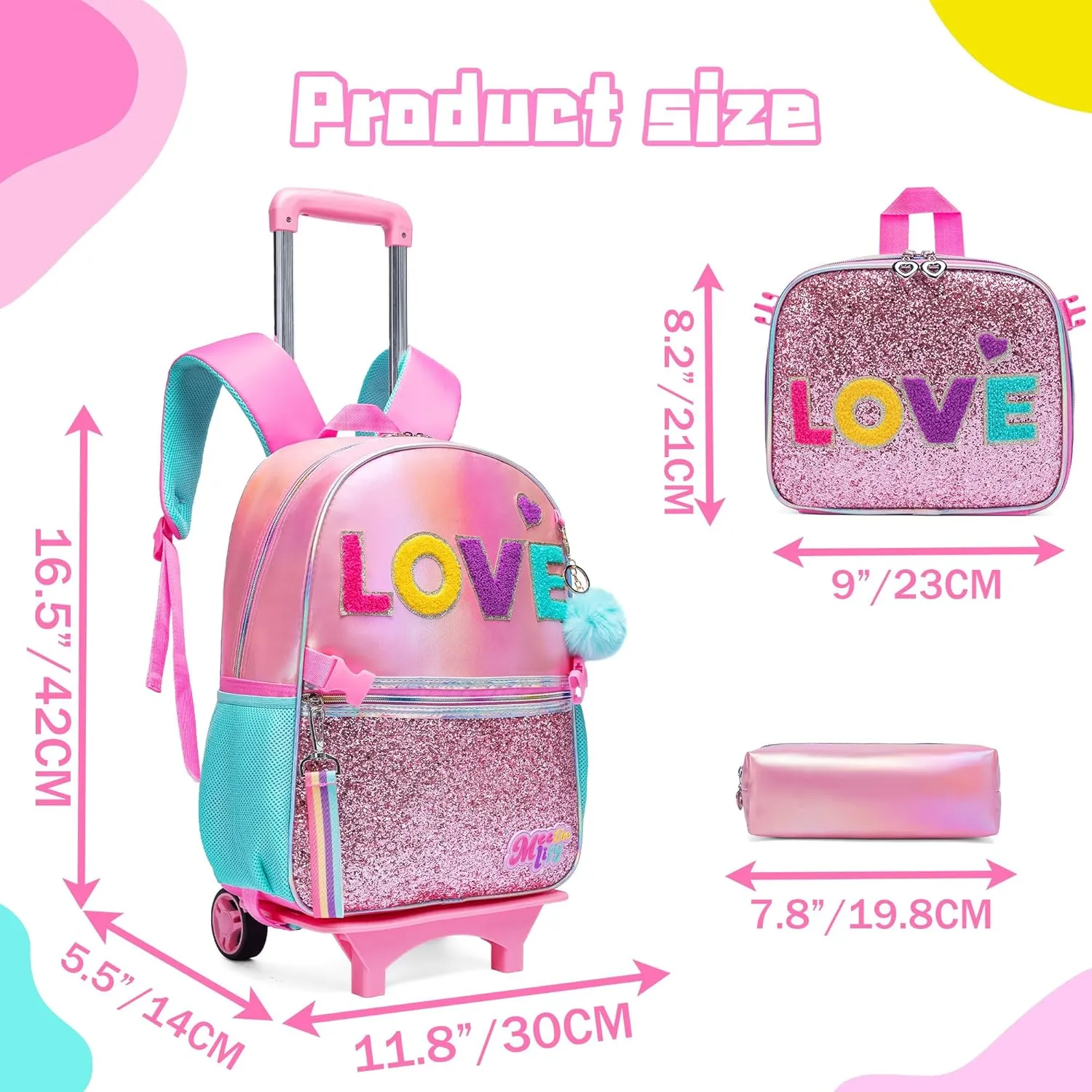 Rolling Backpack for Girls Backpack with Wheels Rolling Casual Kids Backpacks with Wheels for Elementary Students School Backpack with Wheels with Lunch Box