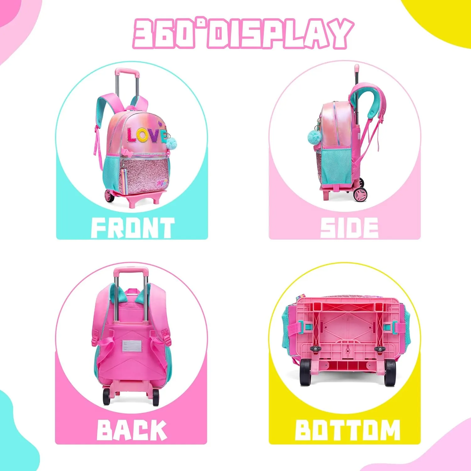 Rolling Backpack for Girls Backpack with Wheels Rolling Casual Kids Backpacks with Wheels for Elementary Students School Backpack with Wheels with Lunch Box