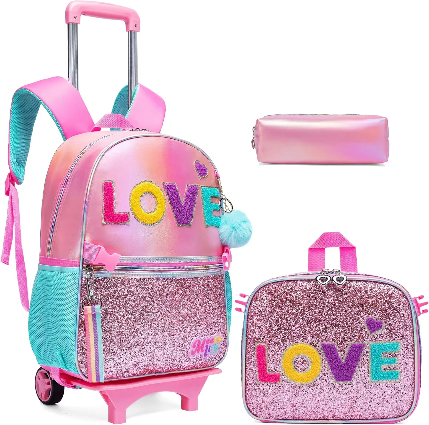 Rolling Backpack for Girls Backpack with Wheels Rolling Casual Kids Backpacks with Wheels for Elementary Students School Backpack with Wheels with Lunch Box