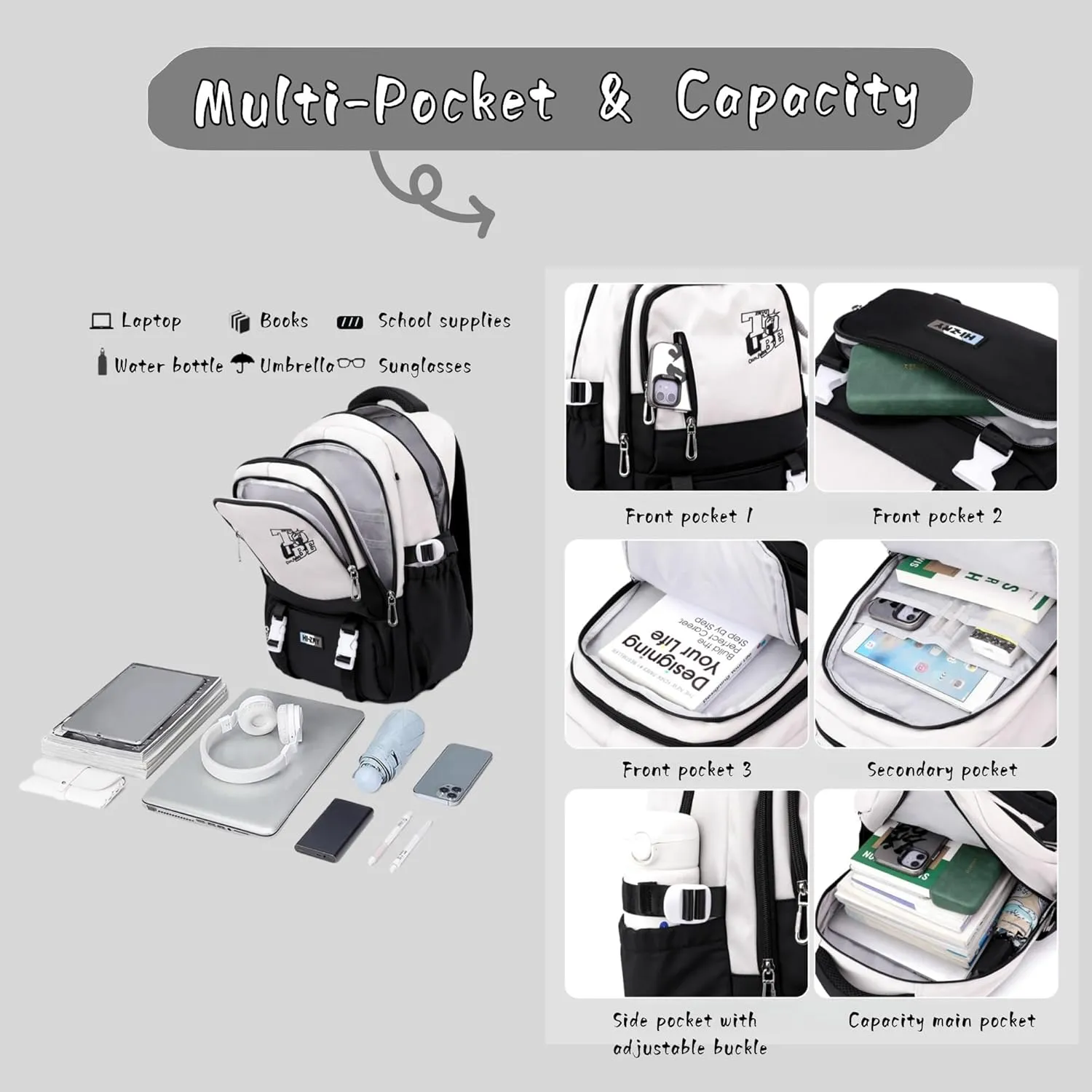 Rolling Backpack for Girls Boys Elementary Middle School Bags, Kids Roller Boys Girls Backpack with 6 Wheels, Black White