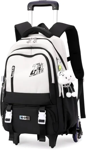 Rolling Backpack for Girls Boys Elementary Middle School Bags, Kids Roller Boys Girls Backpack with 6 Wheels, Black White