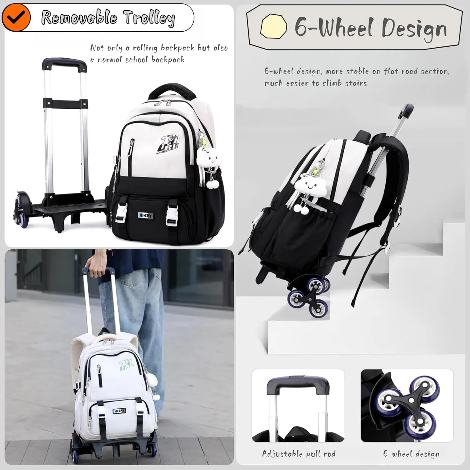 Rolling Backpack for Girls Boys Elementary Middle School Bags, Kids Roller Boys Girls Backpack with 6 Wheels, Black White