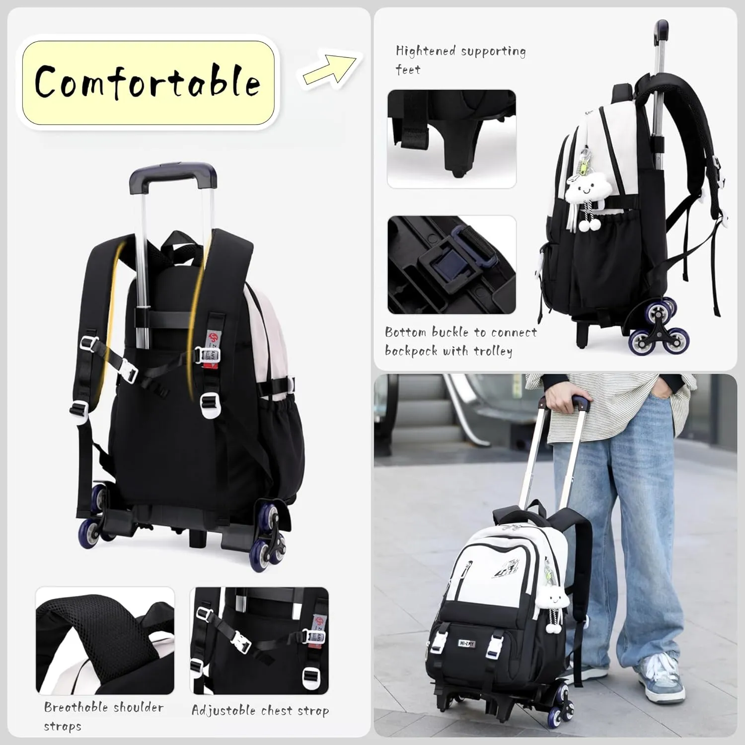 Rolling Backpack for Girls Boys Elementary Middle School Bags, Kids Roller Boys Girls Backpack with 6 Wheels, Black White