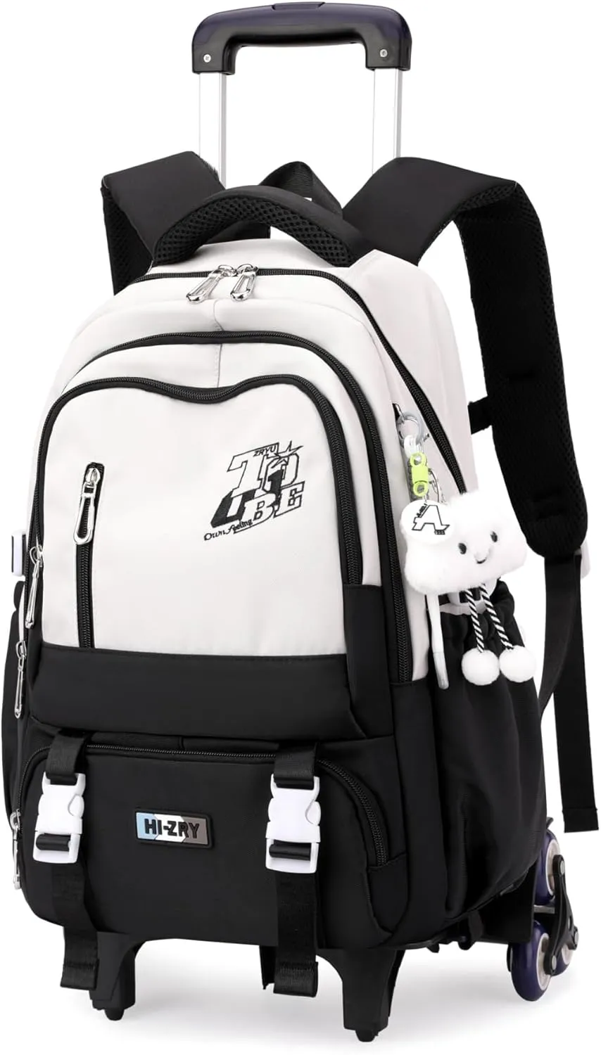 Rolling Backpack for Girls Boys Elementary Middle School Bags, Kids Roller Boys Girls Backpack with 6 Wheels, Black White