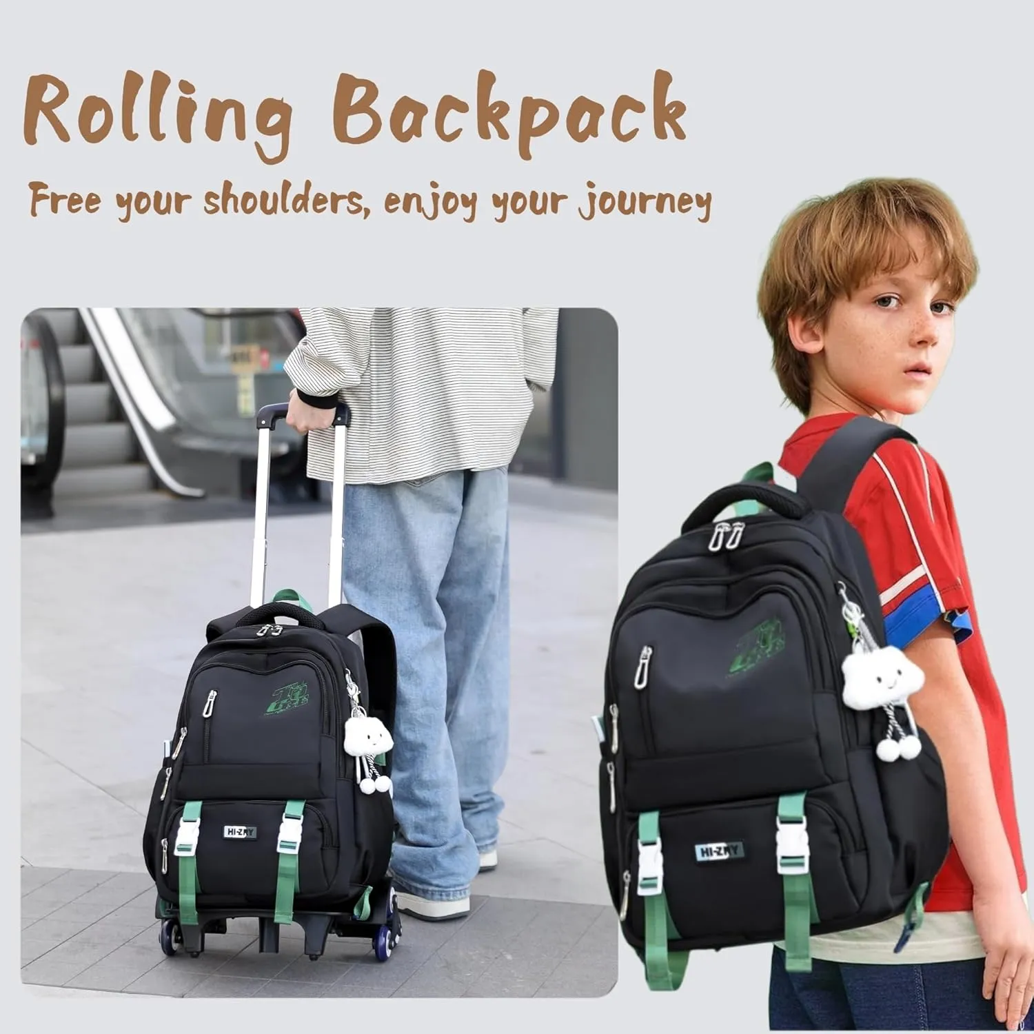 Rolling Backpack for Girls Boys Elementary Middle School Bags, Kids Roller Boys Girls Backpack with 6 Wheels, Black White