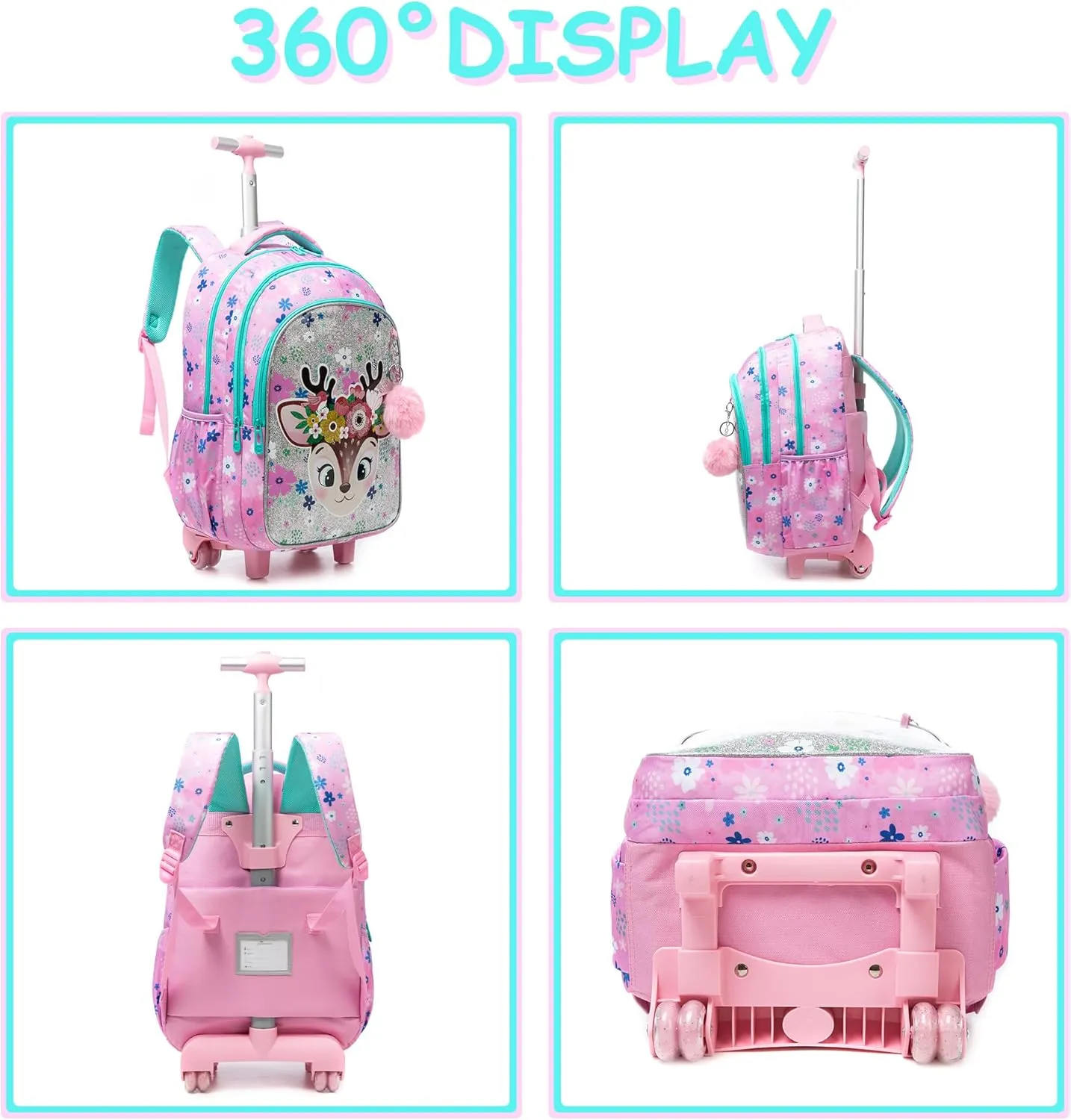 Rolling Backpack for School Girls Backpack with Wheels Kids Backpacks for Girls Preschool Childs Cute School Book Bags Elementary with Lunch Box Pencil Case