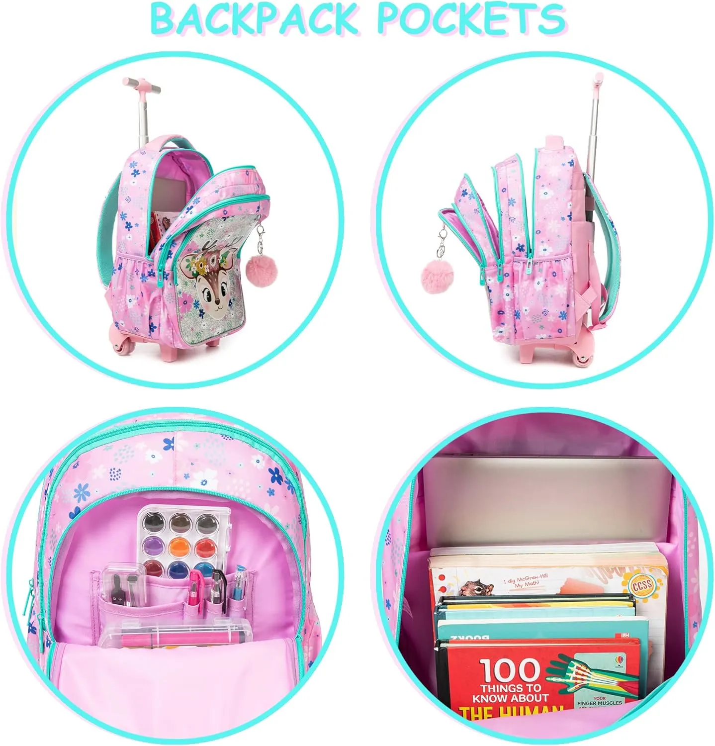 Rolling Backpack for School Girls Backpack with Wheels Kids Backpacks for Girls Preschool Childs Cute School Book Bags Elementary with Lunch Box Pencil Case