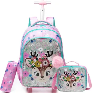 Rolling Backpack for School Girls Backpack with Wheels Kids Backpacks for Girls Preschool Childs Cute School Book Bags Elementary with Lunch Box Pencil Case