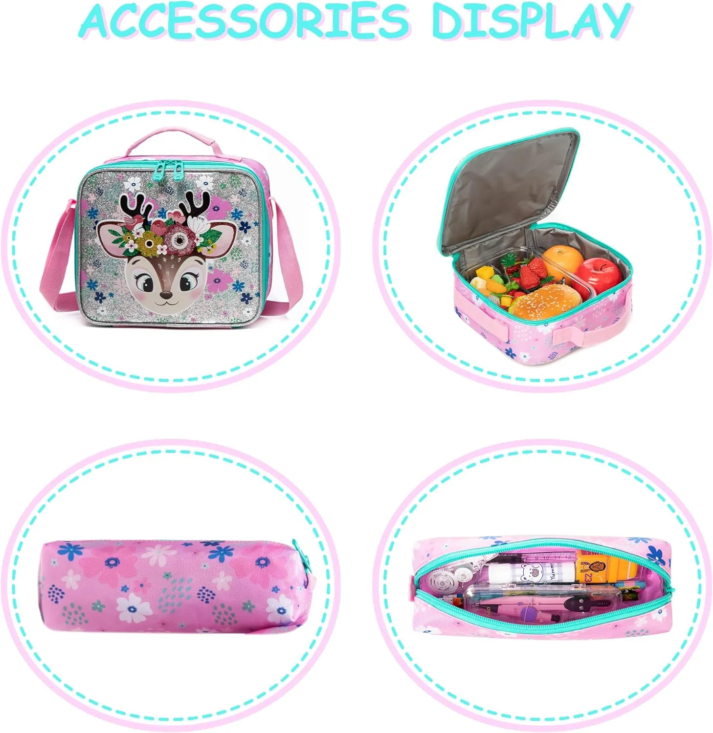 Rolling Backpack for School Girls Backpack with Wheels Kids Backpacks for Girls Preschool Childs Cute School Book Bags Elementary with Lunch Box Pencil Case