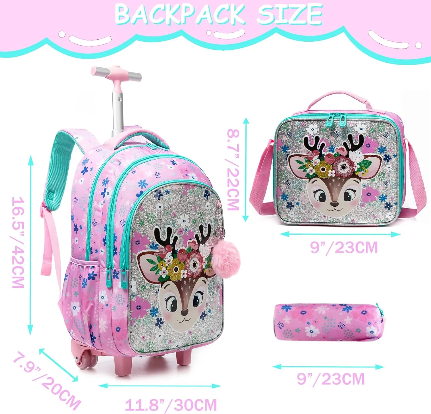 Rolling Backpack for School Girls Backpack with Wheels Kids Backpacks for Girls Preschool Childs Cute School Book Bags Elementary with Lunch Box Pencil Case