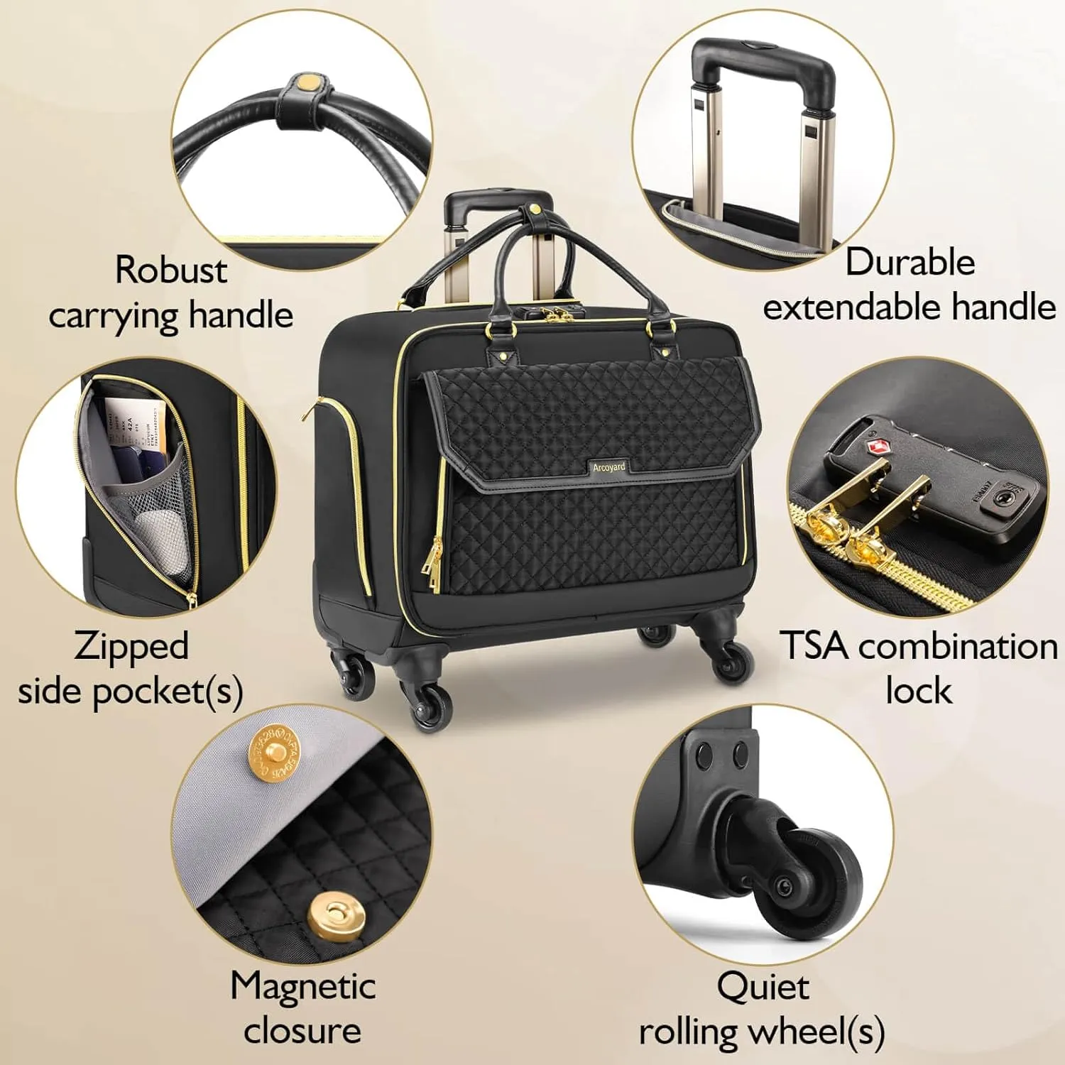 Rolling Laptop Bag, Briefcase for Women and Men with 4 Spinner Wheels and Handle, Roller Computer Bag for Work Travel Carry On, TSA Friendly Design, Black