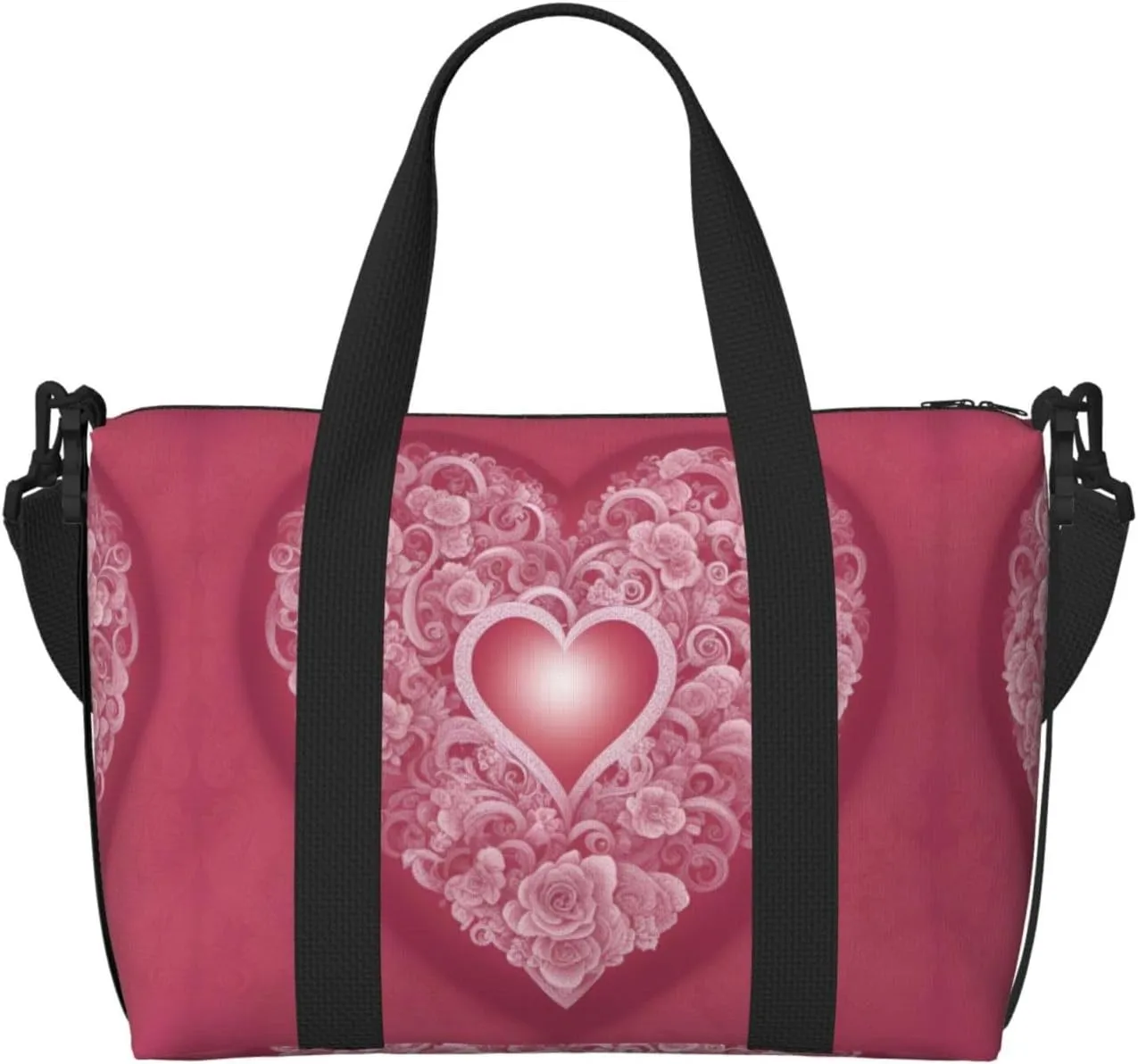 Romantic Heart Print Tote Crossbody Travel Bag with Zip Casual Handbag for Weekend Trips and Gym Shopping, Black, One Size, Travel Tote