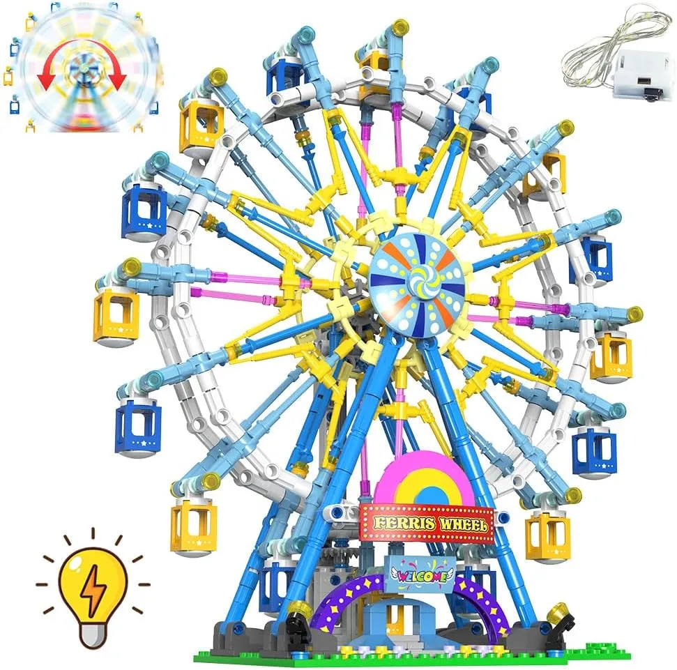 Rotating Ferris Wheel Building Blocks Kit with Lights Amusement Park Building Construction Toys Set for 6  Year Boys Girls Birthday Gift, for Children 813pcs