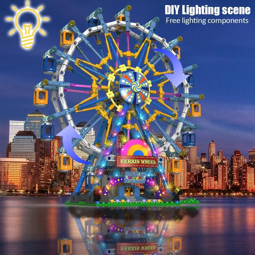Rotating Ferris Wheel Building Blocks Kit with Lights Amusement Park Building Construction Toys Set for 6  Year Boys Girls Birthday Gift, for Children 813pcs